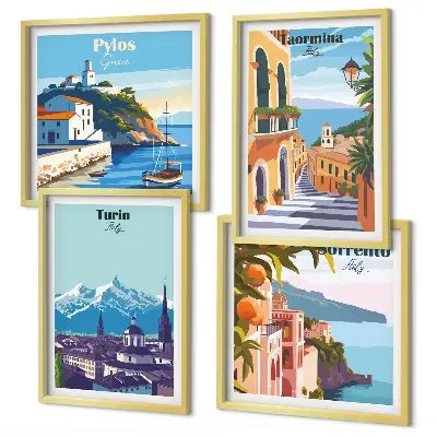 Multi-piece wall decor set featuring colorful retro city illustrations