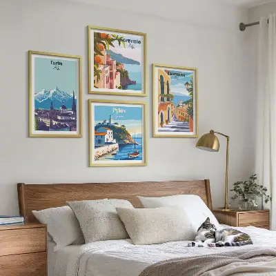 Multi-piece wall decor set featuring colorful retro city illustrations