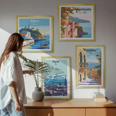 Multi-piece wall decor set featuring colorful retro city illustrations