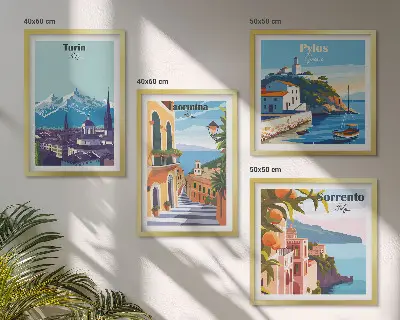 Multi-piece wall decor set featuring colorful retro city illustrations