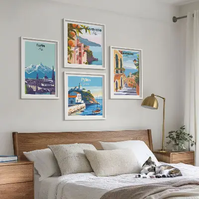 Multi-piece wall decor set featuring colorful retro city illustrations