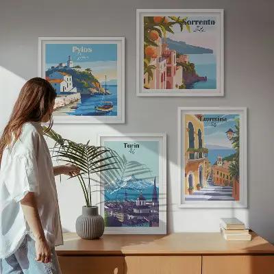 Multi-piece wall decor set featuring colorful retro city illustrations
