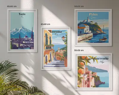 Multi-piece wall decor set featuring colorful retro city illustrations