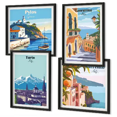 Multi-piece wall decor set featuring colorful retro city illustrations