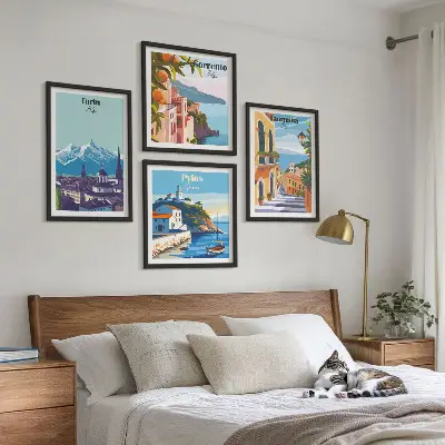 Multi-piece wall decor set featuring colorful retro city illustrations