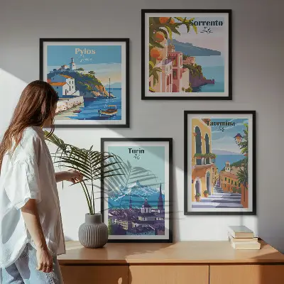 Multi-piece wall decor set featuring colorful retro city illustrations