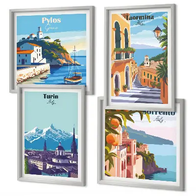 Multi-piece wall decor set featuring colorful retro city illustrations