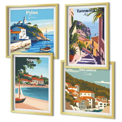 Set of 4 wall art pieces Seaside town illustrations