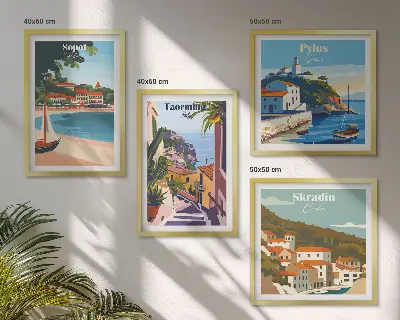 Set of 4 wall art pieces Seaside town illustrations