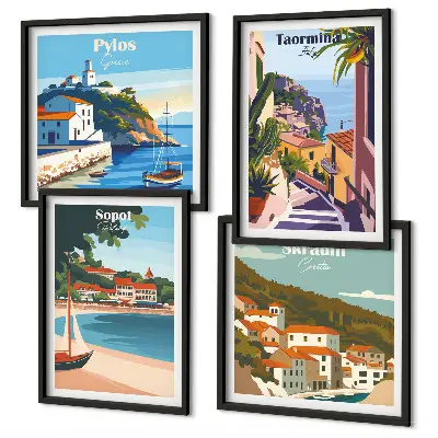 Set of 4 wall art pieces Seaside town illustrations