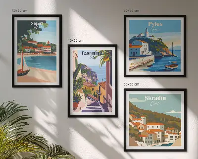 Set of 4 wall art pieces Seaside town illustrations