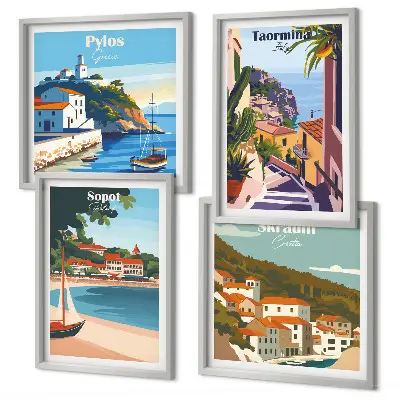 Set of 4 wall art pieces Seaside town illustrations