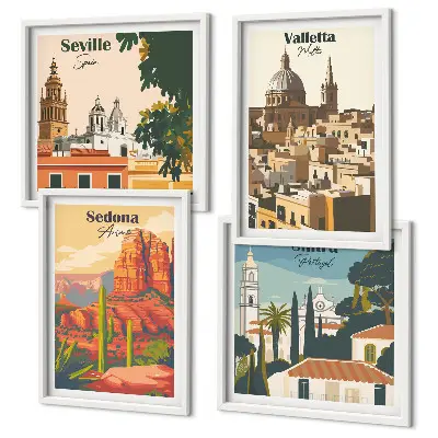 Multi-piece wall decor set featuring retro cityscapes of Sedona and Sintra