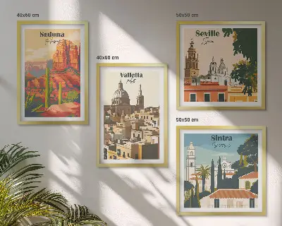 Multi-piece wall decor set featuring retro cityscapes of Sedona and Sintra