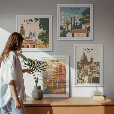 Multi-piece wall decor set featuring retro cityscapes of Sedona and Sintra