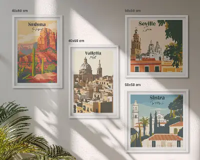 Multi-piece wall decor set featuring retro cityscapes of Sedona and Sintra