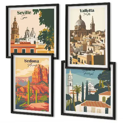 Multi-piece wall decor set featuring retro cityscapes of Sedona and Sintra