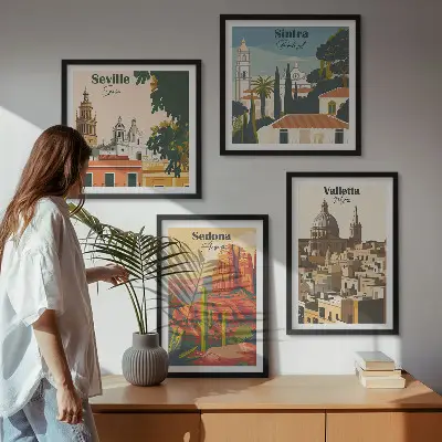 Multi-piece wall decor set featuring retro cityscapes of Sedona and Sintra