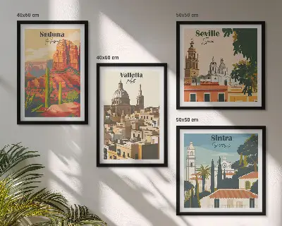Multi-piece wall decor set featuring retro cityscapes of Sedona and Sintra