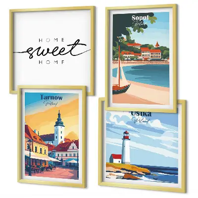 Set of 4 wall art prints featuring Ustka, Tarnow, and Sopot city landscapes