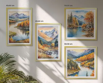 Wall art set featuring mountain views of an autumn river