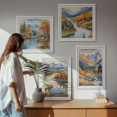 Wall art set featuring mountain views of an autumn river