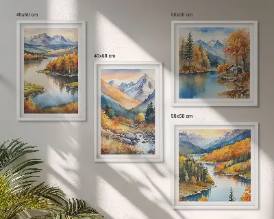 Wall art set featuring mountain views of an autumn river