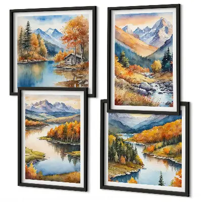 Wall art set featuring mountain views of an autumn river
