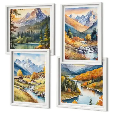 Set of 4 wall art pieces featuring mountain landscape, river, and cottages
