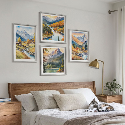 Set of 4 wall art pieces Mountain landscape, river, cottages