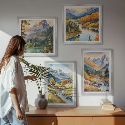 Set of 4 wall art pieces featuring mountain landscape, river, and cottages