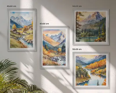 Set of 4 wall art pieces featuring mountain landscape, river, and cottages