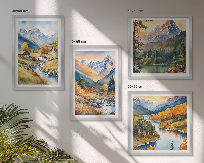Set of 4 wall art pieces Mountain landscape, river, cottages