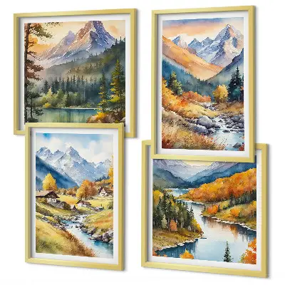 Set of 4 wall art pieces featuring mountain landscape, river, and cottages