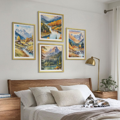 Set of 4 wall art pieces Mountain landscape, river, cottages
