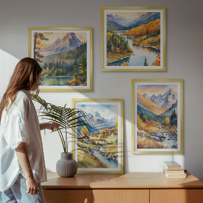 Set of 4 wall art pieces Mountain landscape, river, cottages