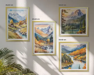 Set of 4 wall art pieces featuring mountain landscape, river, and cottages