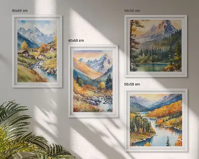 Set of 4 wall art pieces featuring mountain landscape, river, and cottages