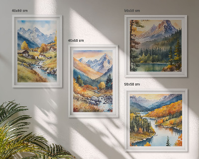 Set of 4 wall art pieces Mountain landscape, river, cottages
