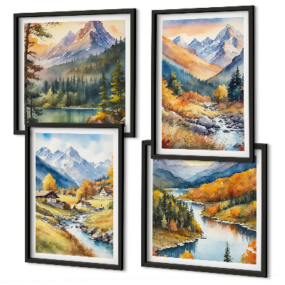 Set of 4 wall art pieces Mountain landscape, river, cottages