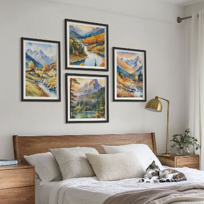 Set of 4 wall art pieces Mountain landscape, river, cottages
