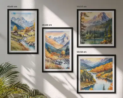 Set of 4 wall art pieces featuring mountain landscape, river, and cottages