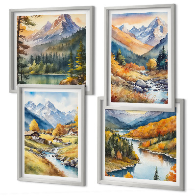 Set of 4 wall art pieces Mountain landscape, river, cottages
