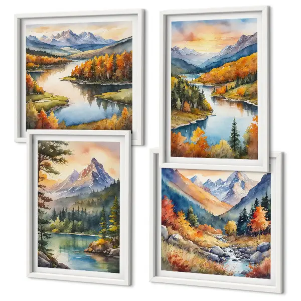 Mountain landscape wall art set of 4 pieces featuring a river