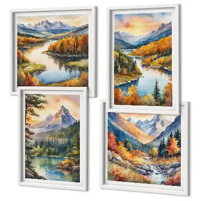 Mountain landscape wall art set of 4 pieces featuring a river