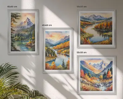 Mountain landscape wall art set of 4 pieces featuring a river