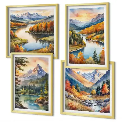 Mountain landscape wall art set of 4 pieces featuring a river