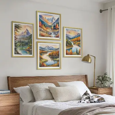 Mountain landscape wall art set of 4 pieces featuring a river