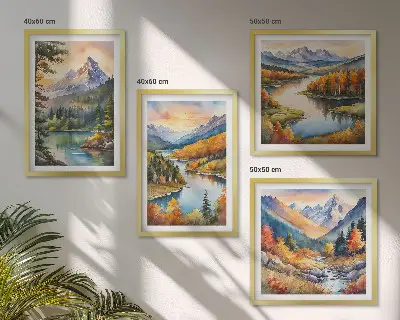 Mountain landscape wall art set of 4 pieces featuring a river