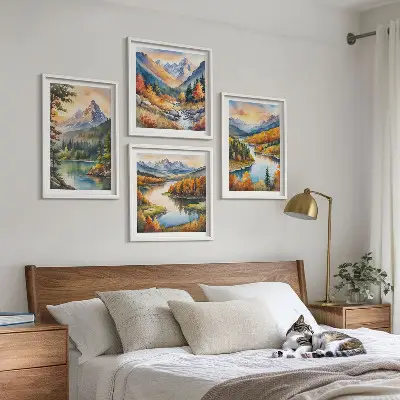 Mountain landscape wall art set of 4 pieces featuring a river